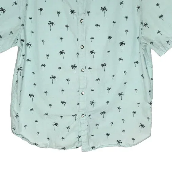 Denim & Flower Mens L Short Sleeve Button Down Shirt Baby Blue Palm Tree Print - Picture 2 of 13